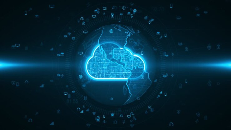 Motion graphic of Blue cloud storage icon and earth sphere with icon technology futuristic elements abstract background