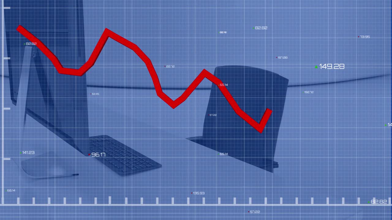 Animation of red line, statistics and financial data processing over desk in office