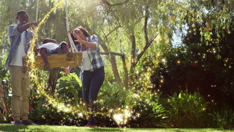 animation of autumn leaves falling over happy caucasian couple in park