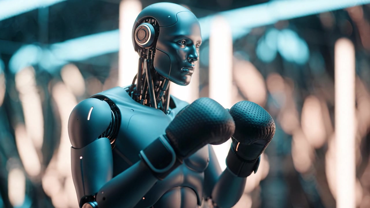 Un robot pugile futuristico in un ambiente high-tech mostra precisione e forza con i suoi guantoni da boxe in una sorprendente dimostrazione di tecnologia e design