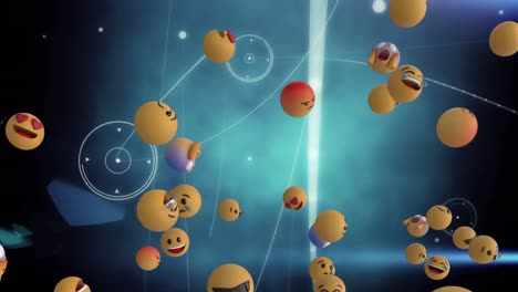 Animation-Von-Emojis,-Die-über-Einem-Netzwerk-Von-Verbindungen-Schweben,-Und-Leuchtendem-Blauem-Licht-Auf-Schwarzem-Hintergrund