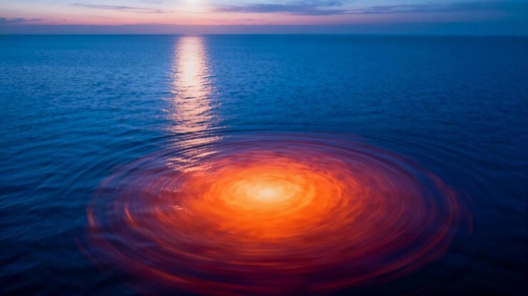 Un vortice arancione-rosso brillante appare ruotando sul mare al tramonto, con il riflesso della luce solare.