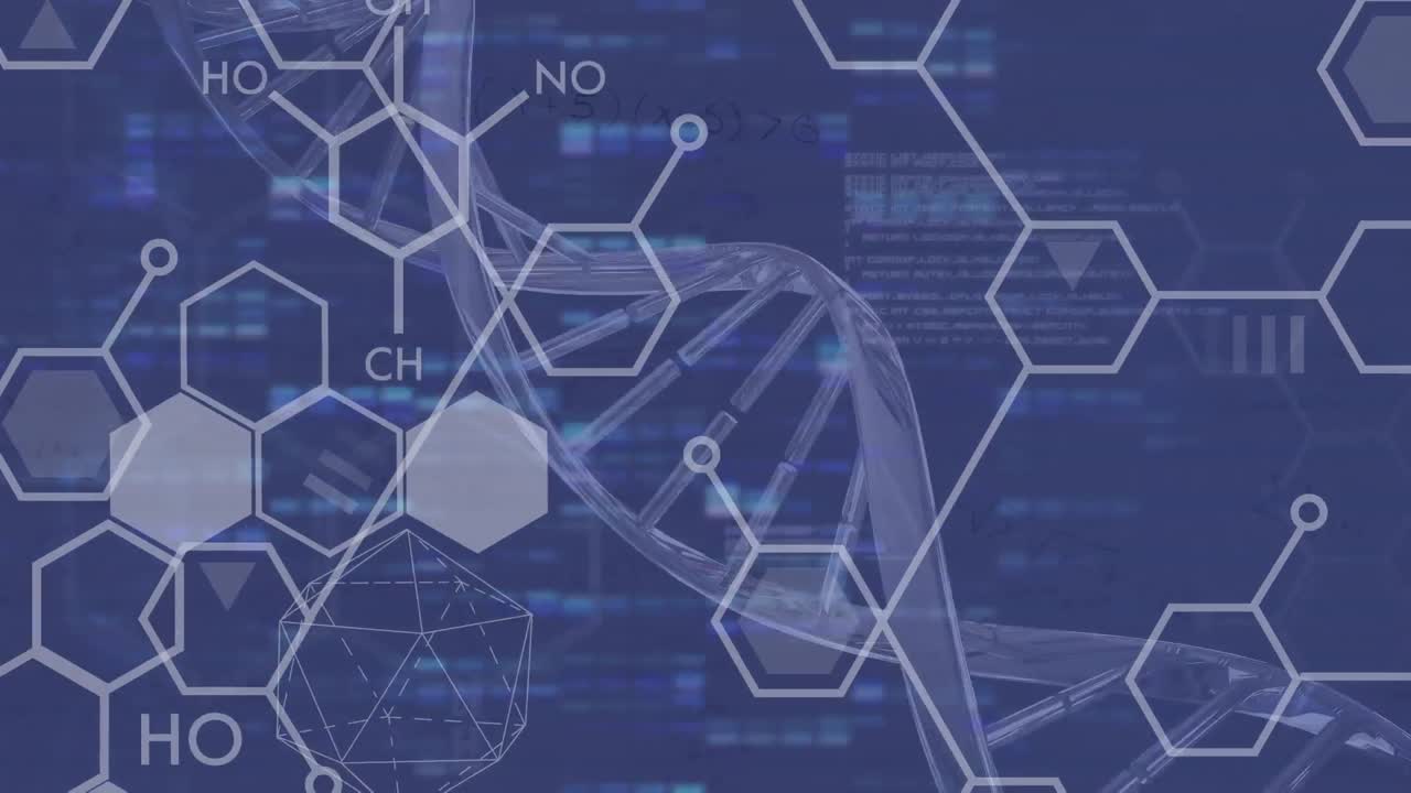 파란색 배경에 화학 구조와 dna 가닥의 애니메이션