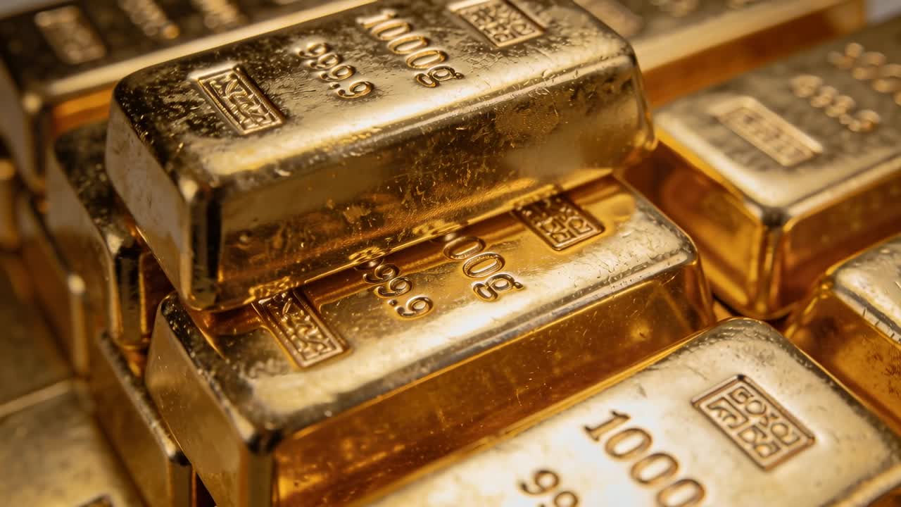 Angolazione della telecamera che cambia rivela lingotti d'oro impilati all'interno di un caveau, mostrando 1000g 999.