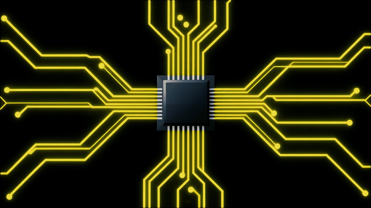 Digital mikrochip-processor med udvidende gule kredsløbslinjer på sort baggrund