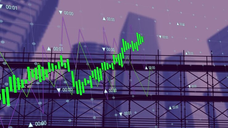 Animation of financial data processing over cityscape