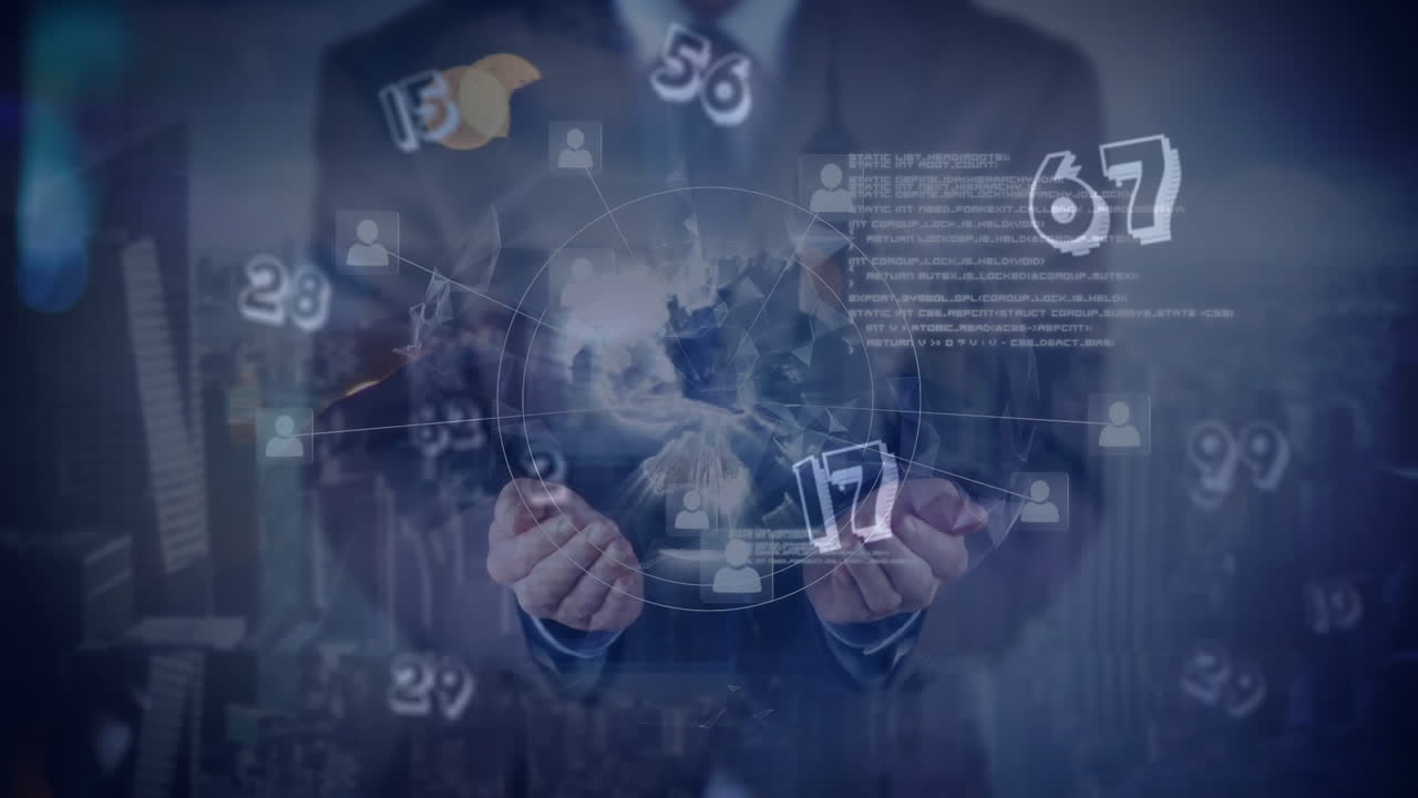 연결의 세계를 보유하는 사업가에 대한 데이터 처리의 애니메이션