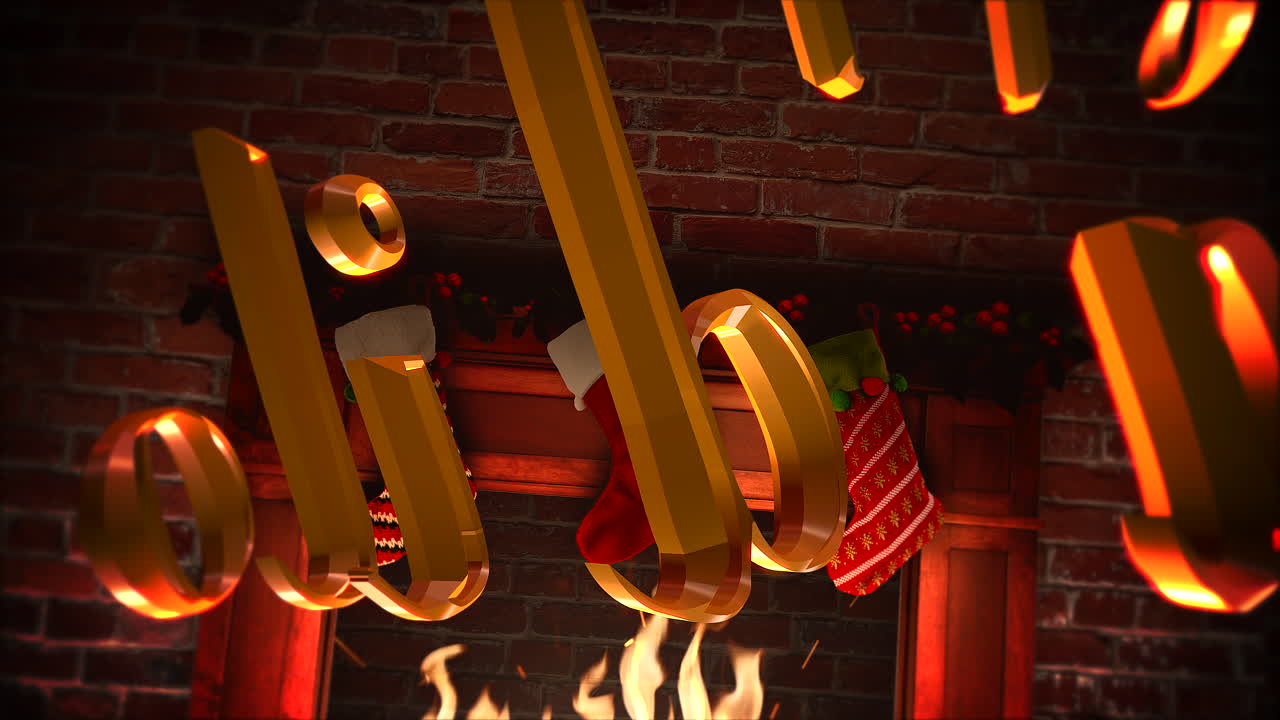 크리스마스 양말에 선물이 있는 벽난로와 해피 홀리데이 텍스트 1