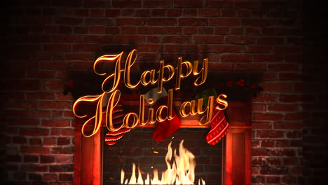 fireplace with gifts in the christmas socks and happy holidays text 1