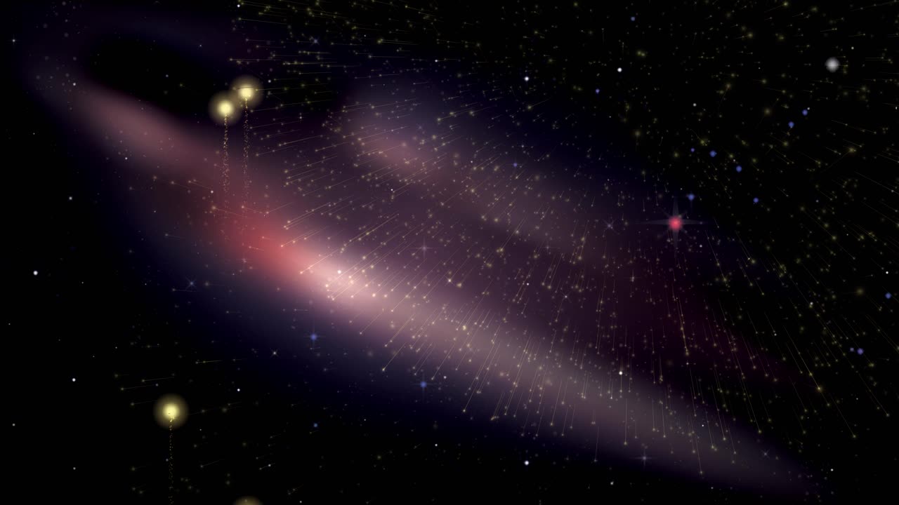Fuochi d'artificio dorati esplodono in un cielo notturno scuro con una nebulosa viola e stelle scintillanti