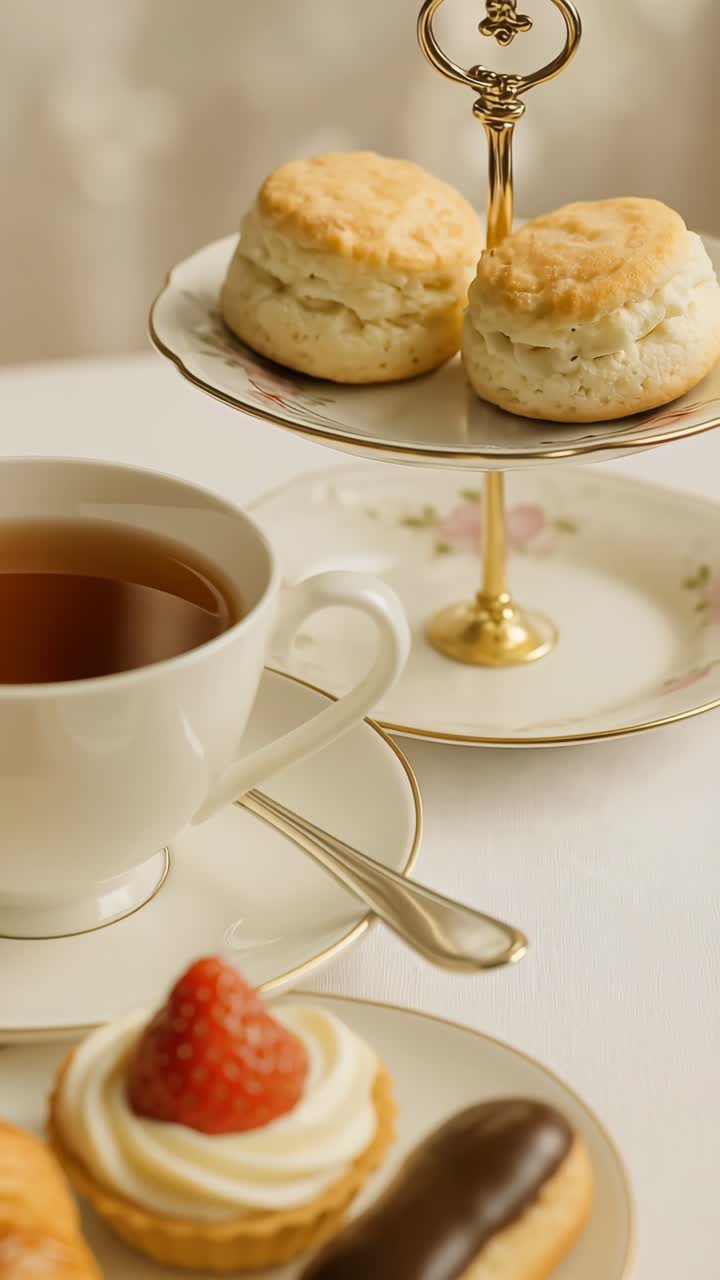 Elegante set per il tè pomeridiano con pasticcini e tè, ripreso da un'angolazione laterale.