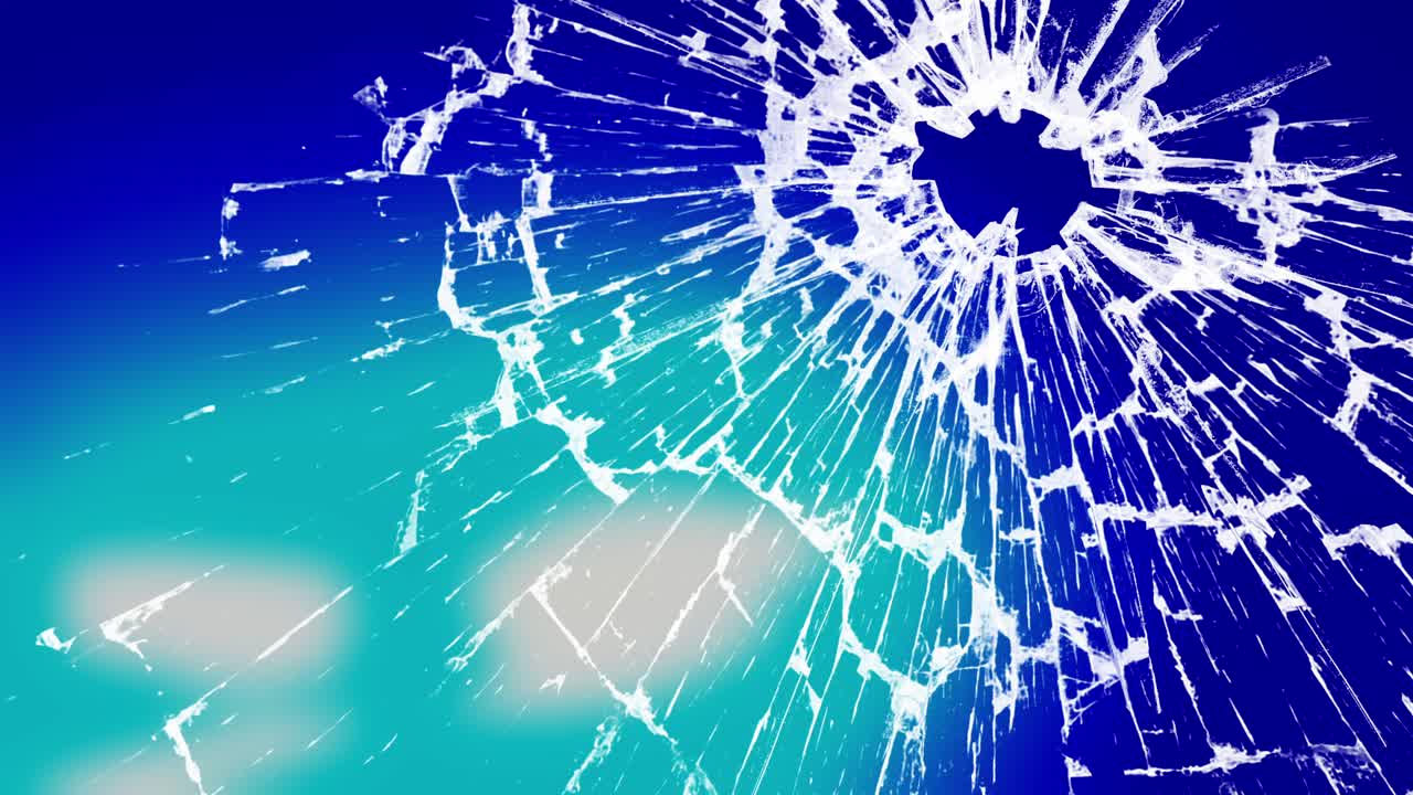 Police lights flash behind shattered glass with a bullet hole. Crime scene, accident, or violence concept with red and blue lights