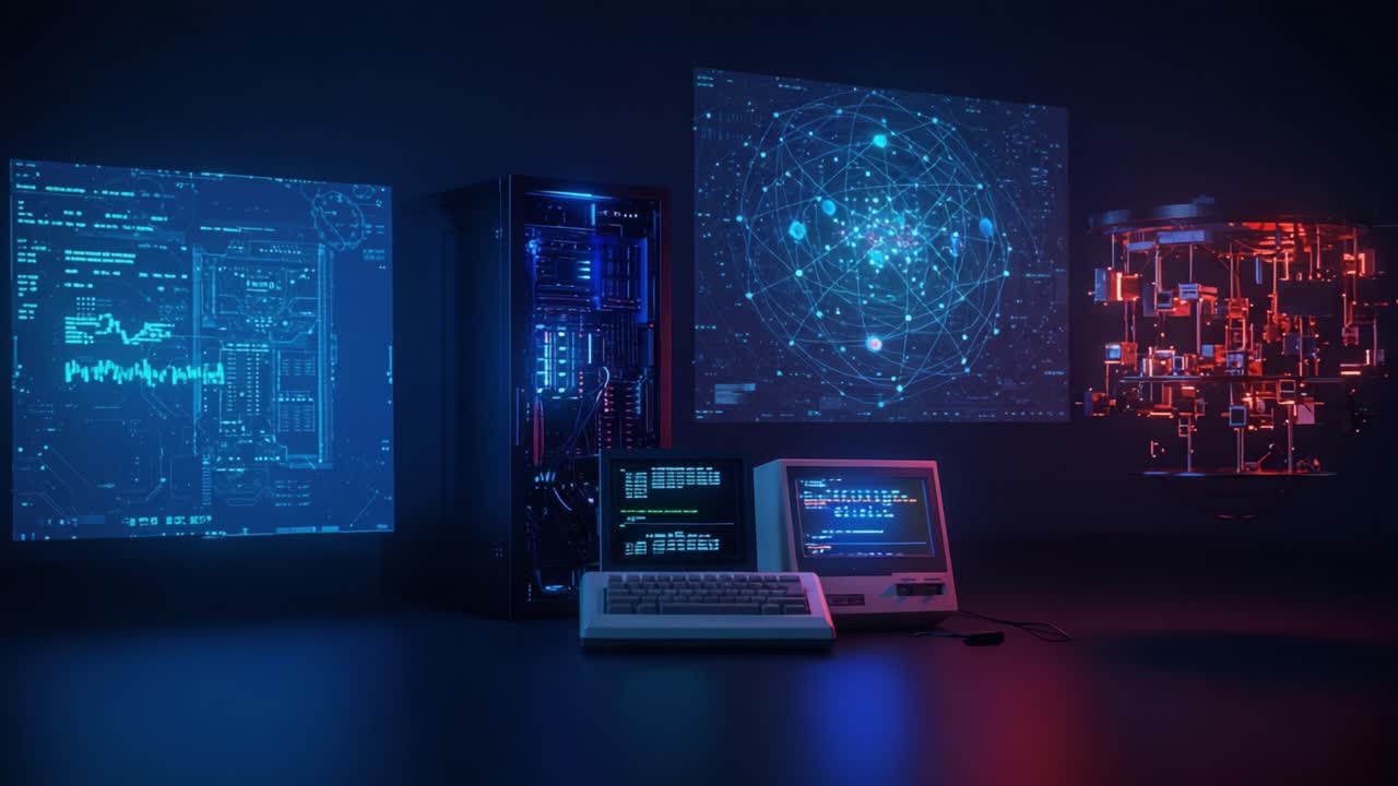Exploring the Future of Technology: A Dynamic Visual Representation of Computer Systems, Data Analysis, and Advanced Networking in a Darkened Digital Environment