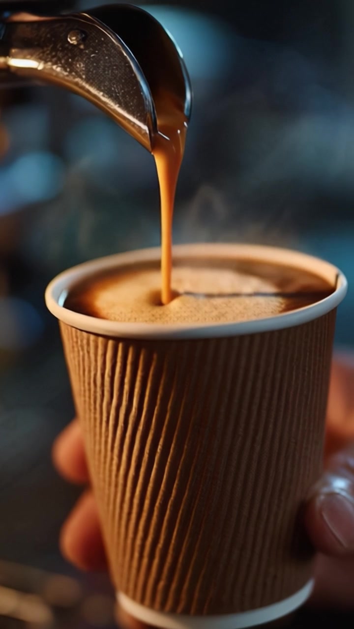 Caffè appena fatto che gocciola dalla macchina da caffè espresso in una tazza usa e getta, catturando l'aroma ricco e la crema perfetta in un primo piano della beatitudine mattutina.