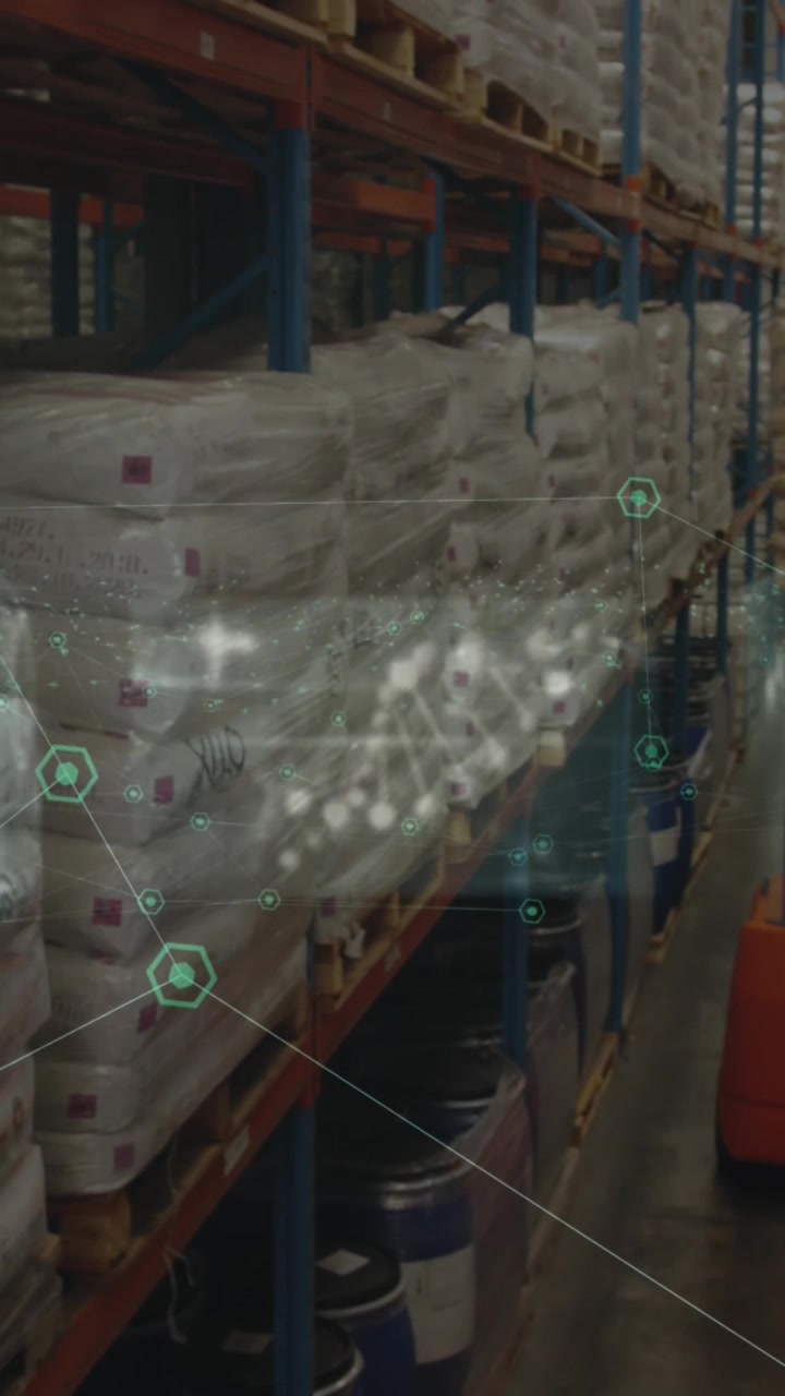 Animation of data processing over male worker in warehouse