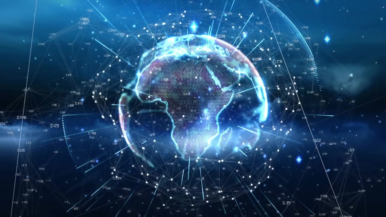 Animation of light trails and network of connections over spinning globe against blue background