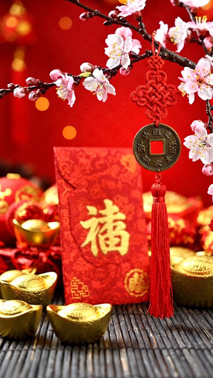 Decoraciones del Año Nuevo chino con un sobre rojo y lingotes de oro