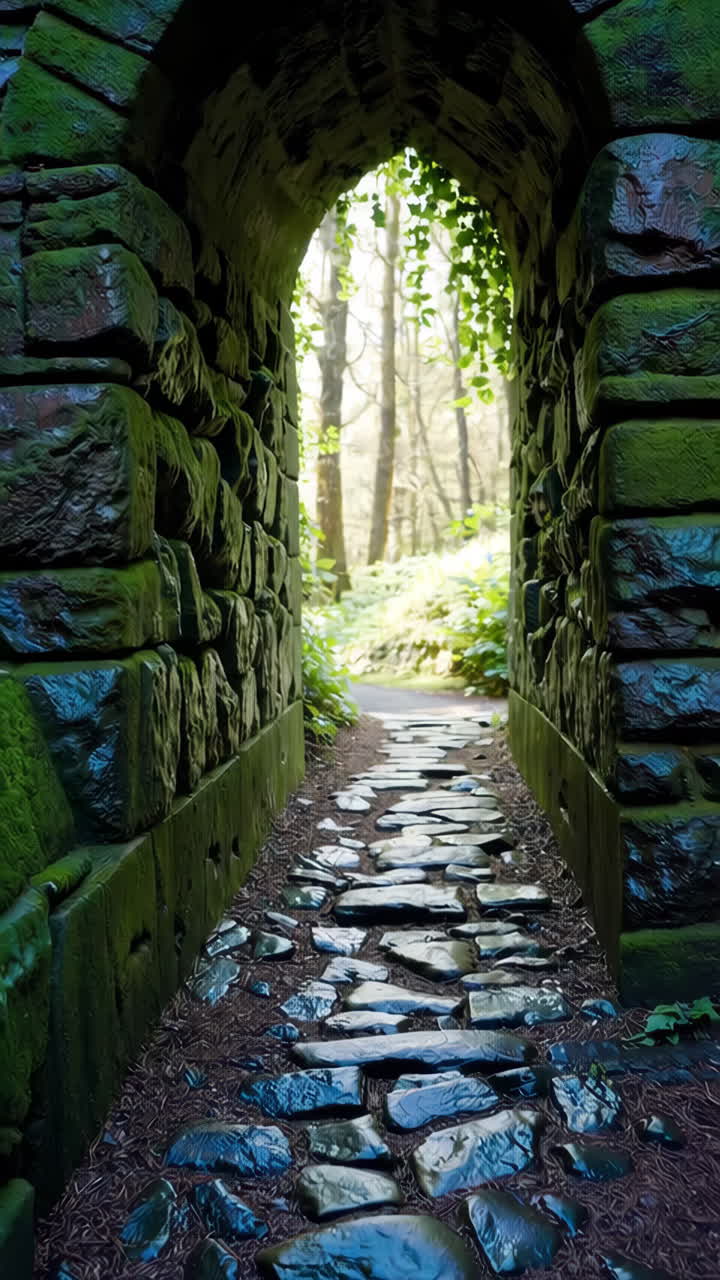 Ancient Stone Archway Leading to a Sunlit Forest Path