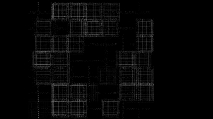 Dynamisk gitter af pulserende wireframe-kuber på sort baggrund