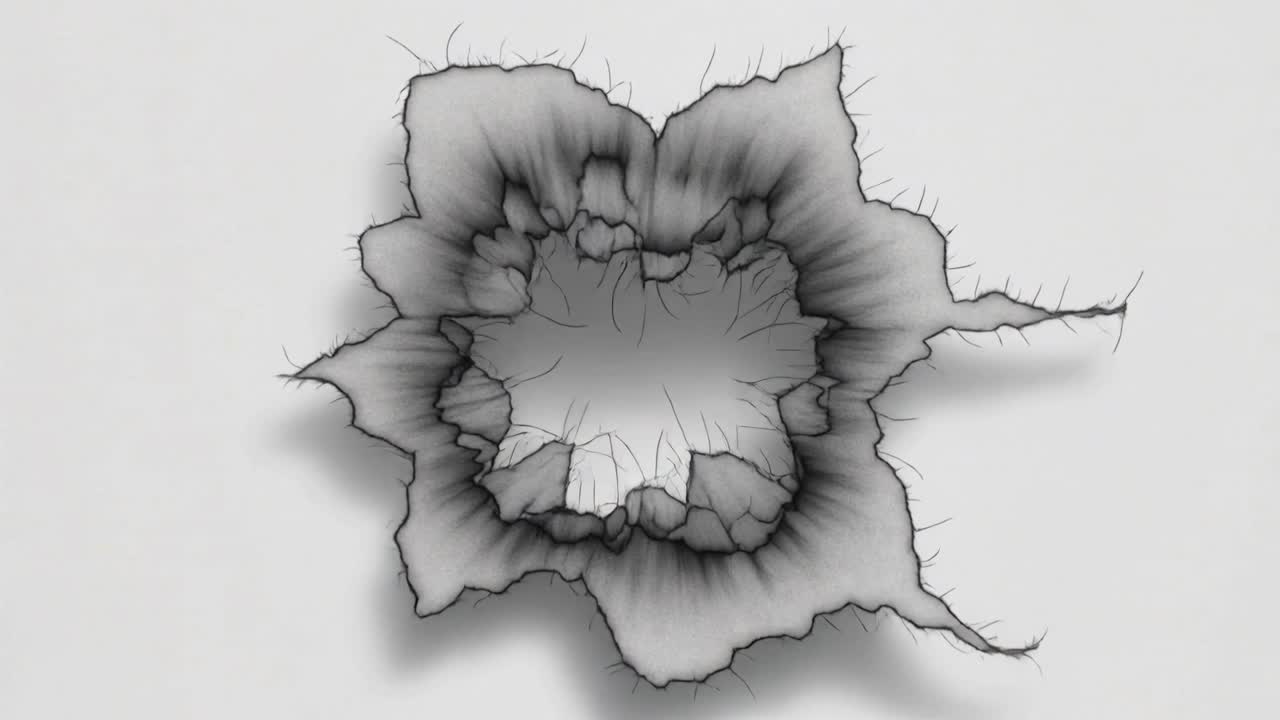Central disk morphing, edge lighting forming halo, filaments and empty core on pale backdrop