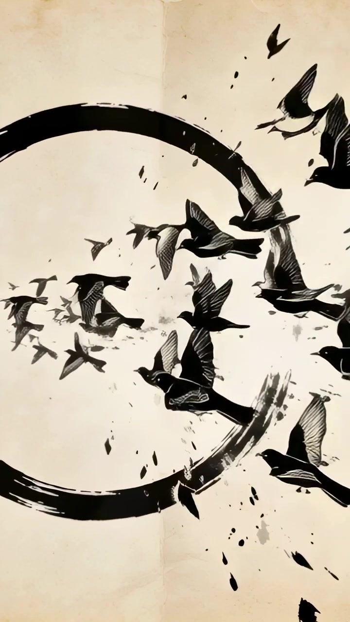Video verticale: Uno stormo di uccelli neri si disperde attraversando la carta, mentre un anello di pennellate si frammenta.