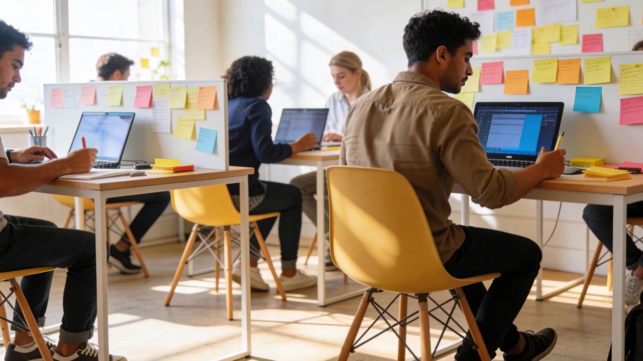 Un team di quattro persone che digitano e usano i laptop in un ufficio open space con raggi di sole e post-it.