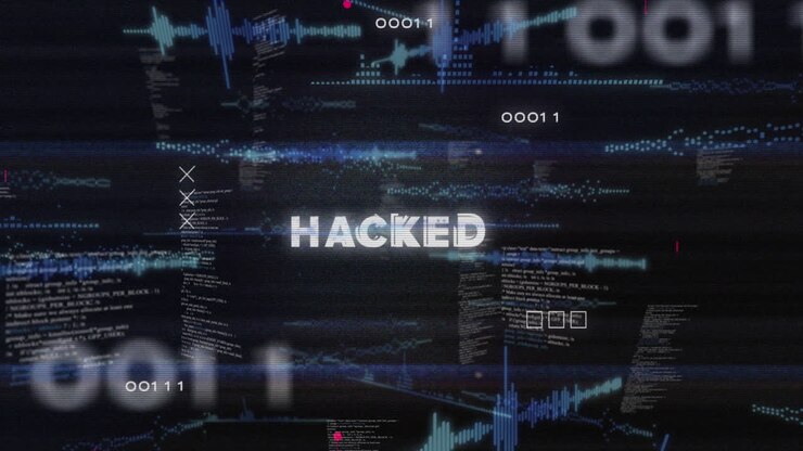 Animatie van de tekst 'gehackt', printplaatpatroon boven geluidsgolven en computertaal.