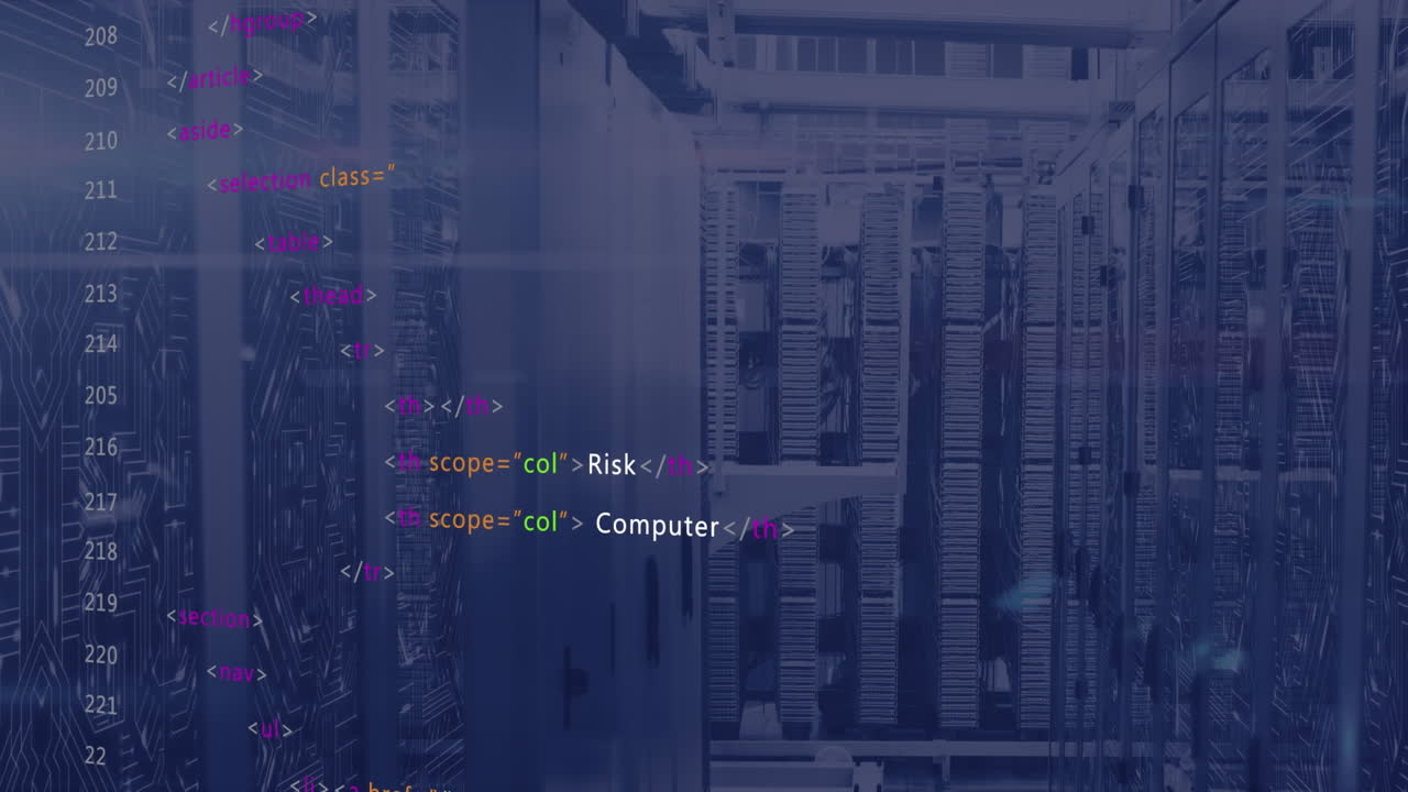 animación del lenguaje informático y el patrón de la placa de circuitos sobre el sistema de servidor de datos en la sala de servidores