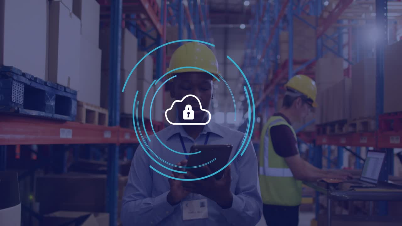 Centered worker tapping tablet in aisle syncing stock, HUD growing over tablet as peer updating PC