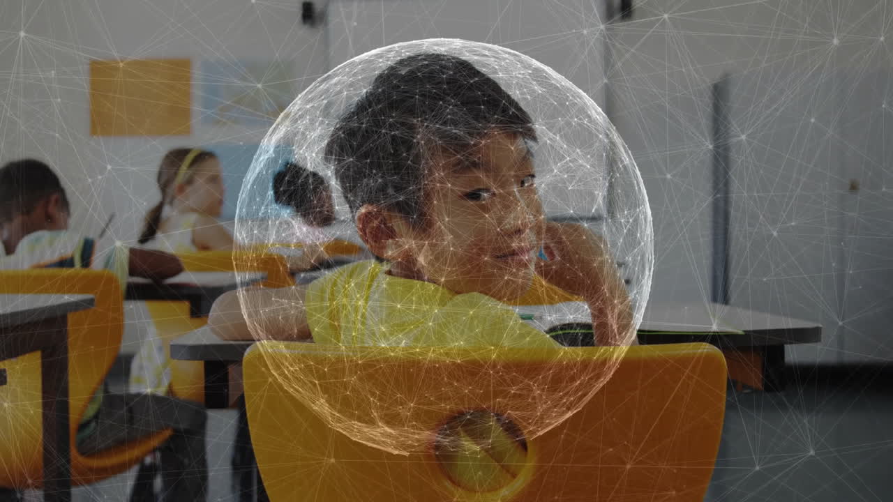 Students working on assignments in education classroom, with floating animated graph and map icons