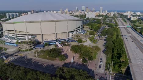 4k aerial drone video of tropicana field and full parking lots next to interstate 275 in downtown st