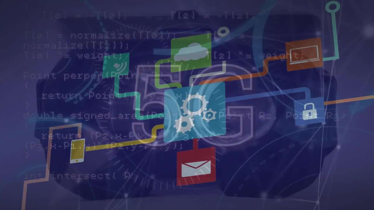 animación de texto 5g, conexiones y procesamiento de datos.