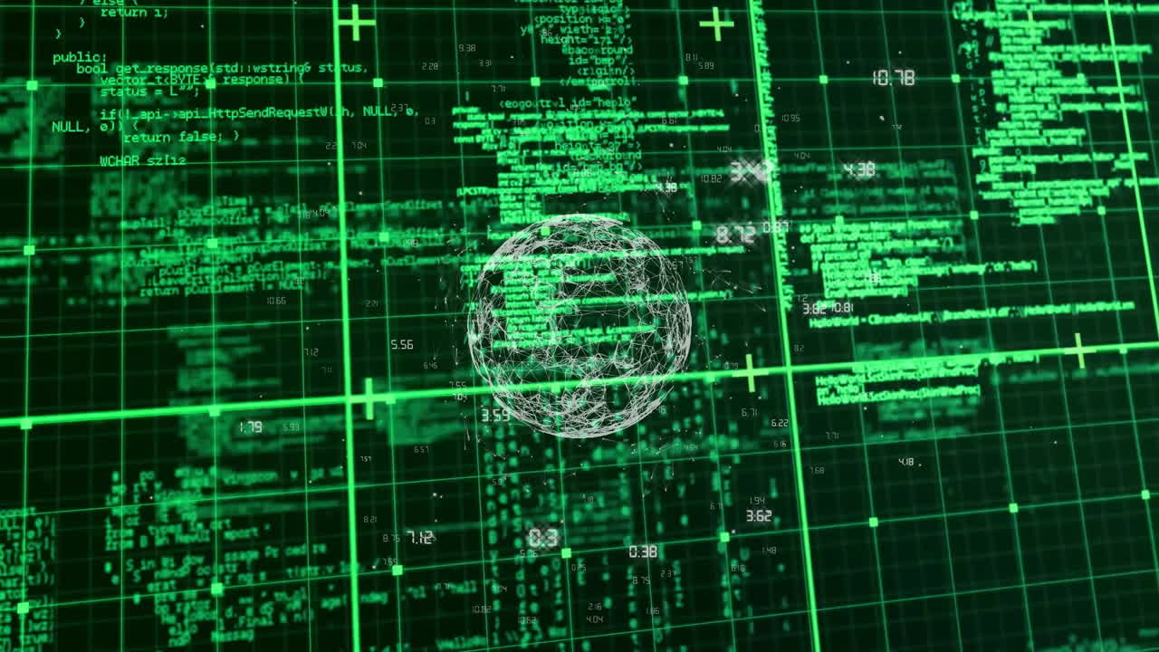 Wireframe sphere glowing at center over neon-green grid, visualizing technology data matrix