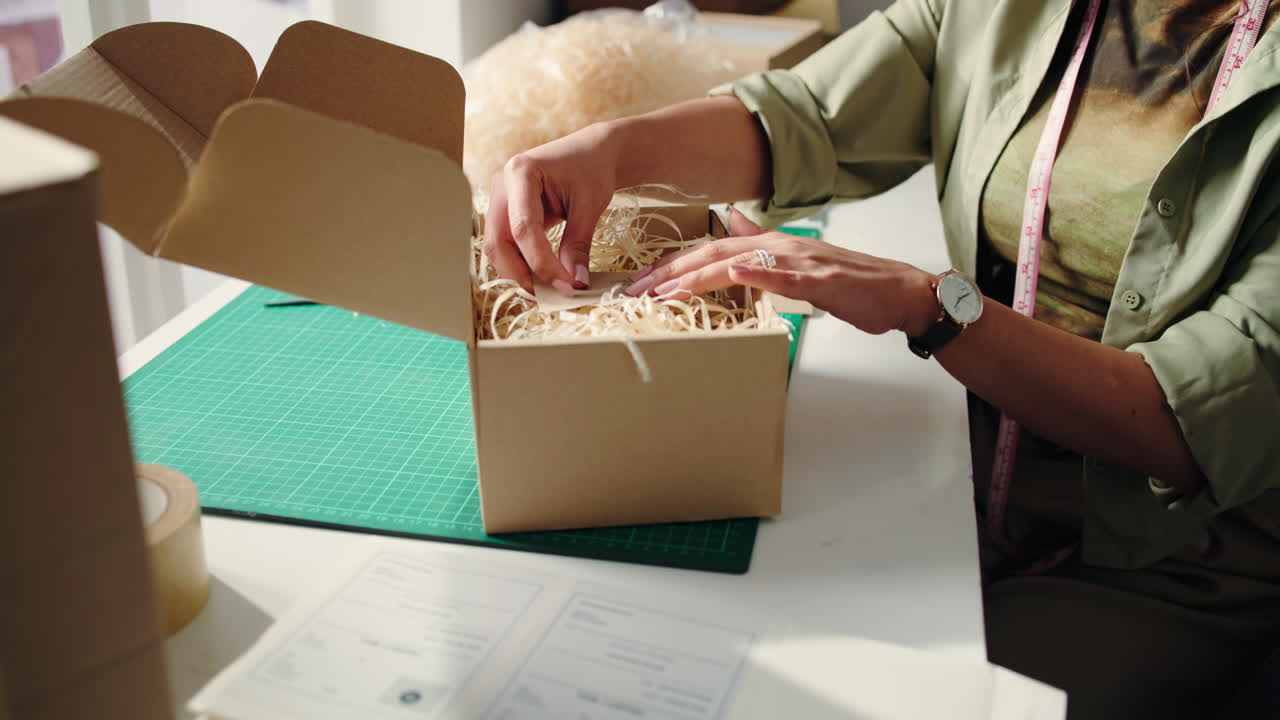 Woman's Hands Packing Cardboard Box with Shredded Paper Filler