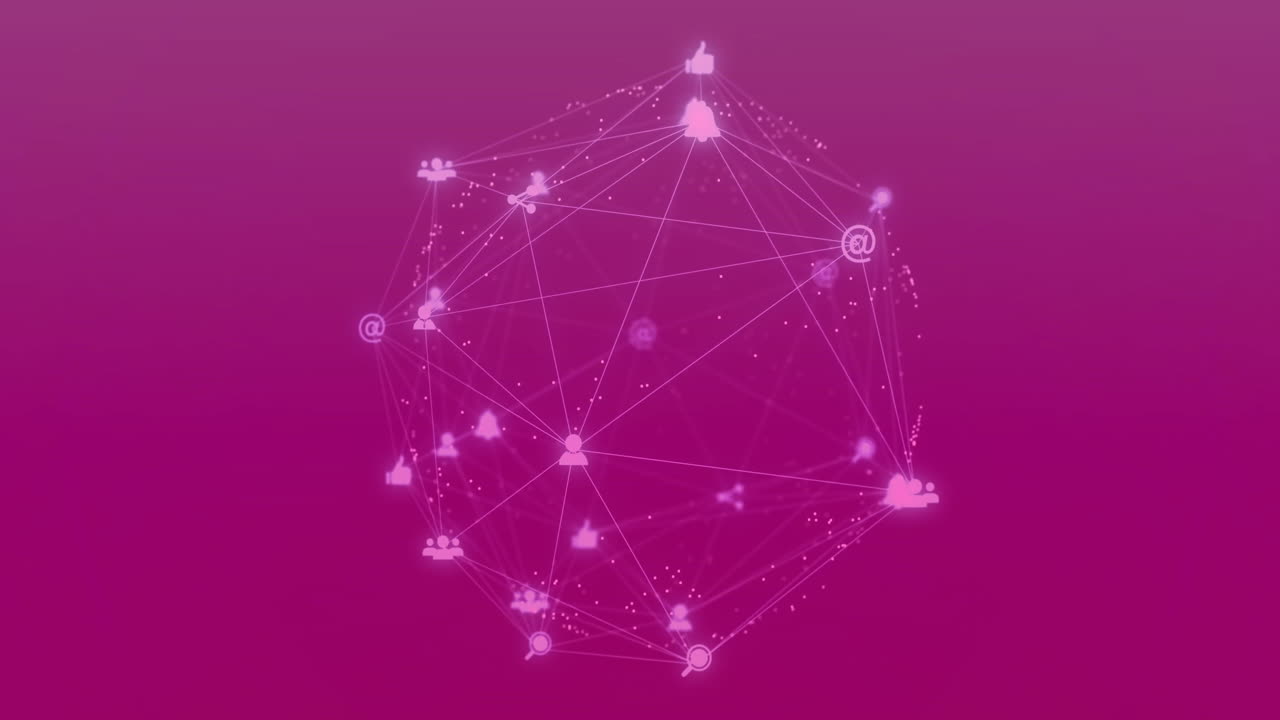 animación de la red de conexiones con iconos en fondo rosa