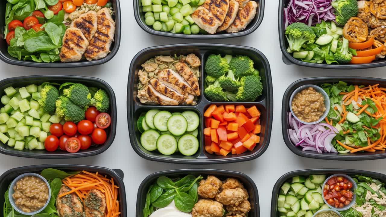 Colorful and Nutritious Meal Prep: Healthy Lunch Boxes Featuring Grilled Chicken, Fresh Vegetables, and Wholesome Ingredients for Nutritional Balance