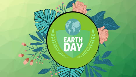 animation of earth day text and globe logo over flowers on green background