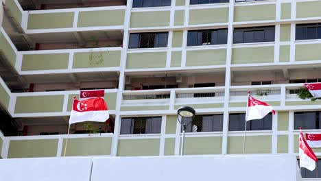 multiple singapore flags flutter on high-rise apartment balconies in bright daylight, with steady camera framing and minimal movement, evoking national pride