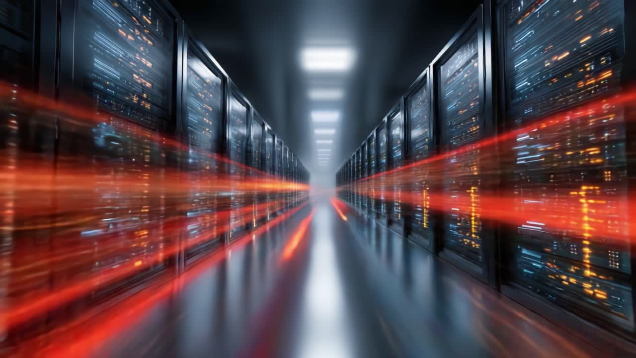 Dynamisk dataflow i et højteknologisk serverrum med en imponerende visuel repræsentation af hastighed og konnektivitet blandt racks af højtydende computerhardware.