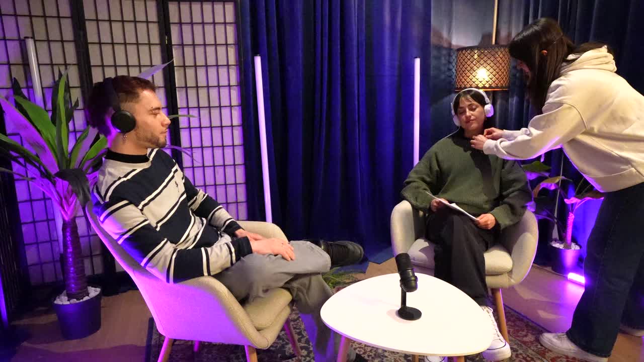 Young People Preparing for a Podcast Interview in a Studio