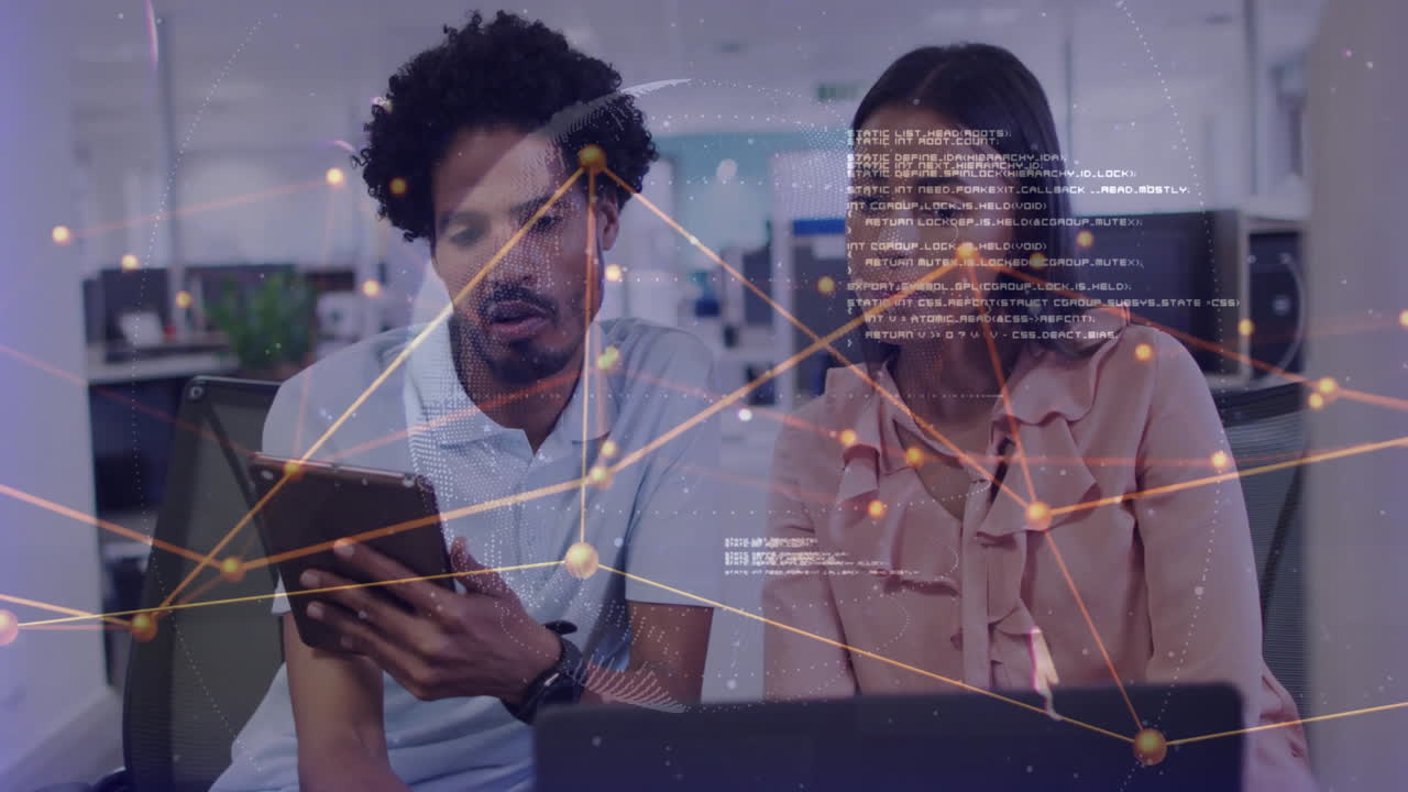 Analyzing tablet data, diverse professionals in office with digital animation overlay