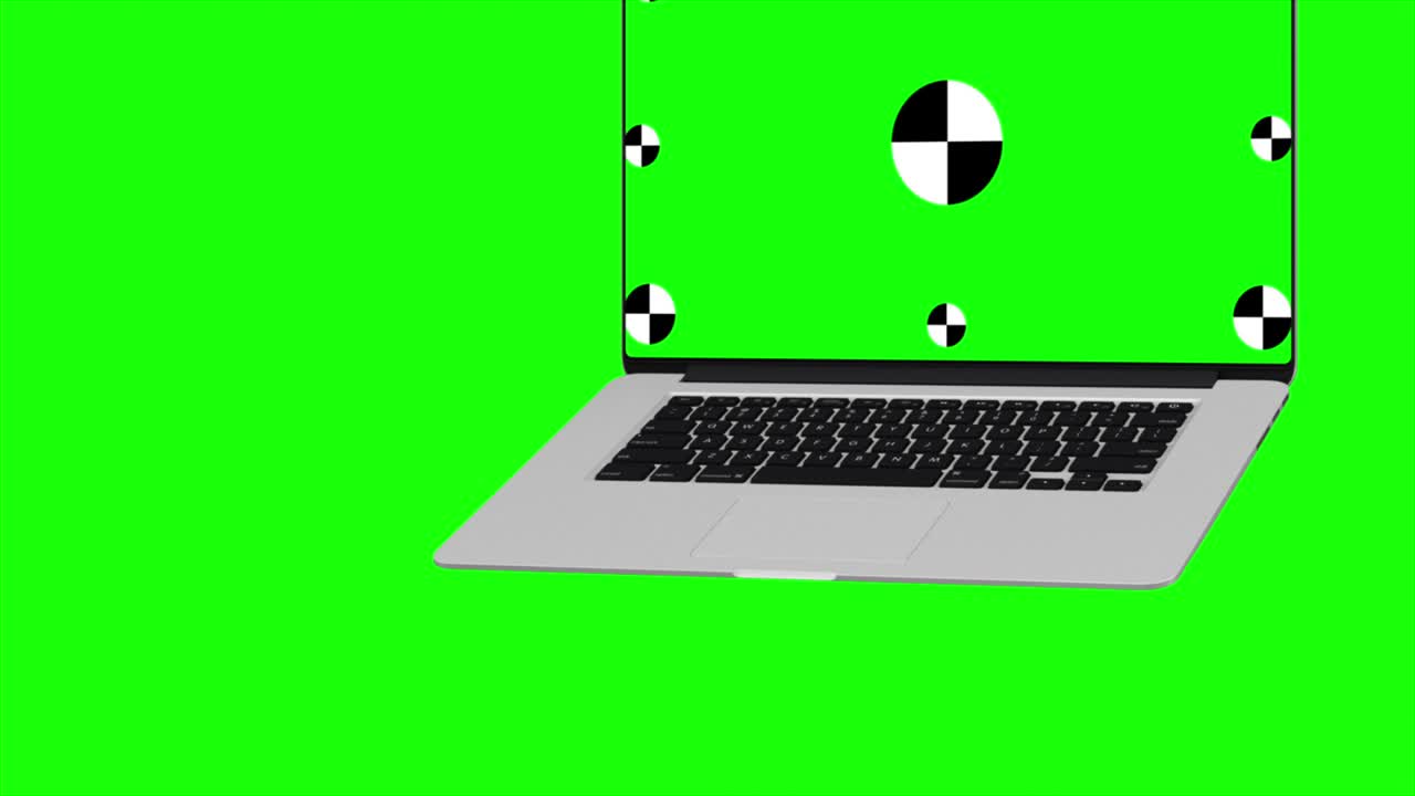 el portátil se abre suavemente con una pantalla verde sobre un fondo verde. pc 3d con llave de croma para maqueta. concept computer technological. rendering 3d.