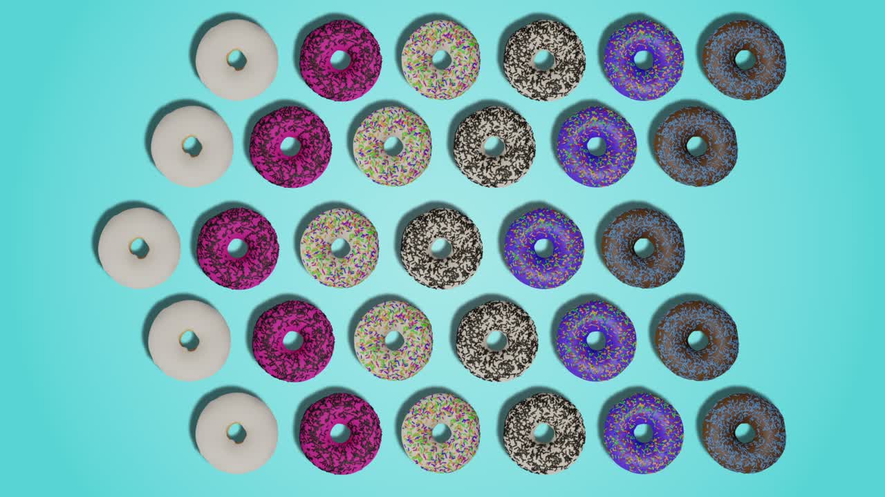 Pointer arrow made of glazed and sprinkled tasty donuts on cyan abstract background animation