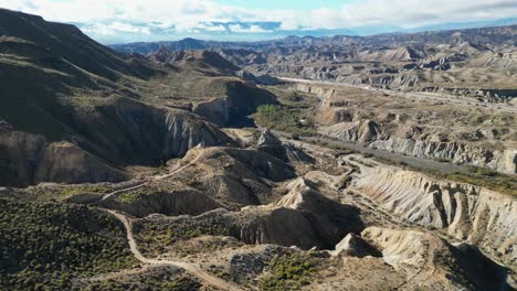 Badlands-in-Tabernas-Desert,-Almeria,-Andalusia,-Spain---Scenic-Aerial