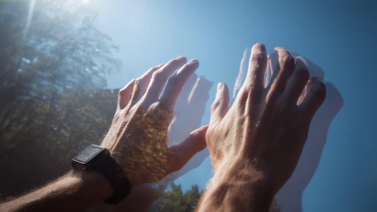 A pair of hands presses against a transparent surface reflecting sunlight, creating a contrasting interplay of light and shadow, encapsulating a moment of introspection and connection with the outside world