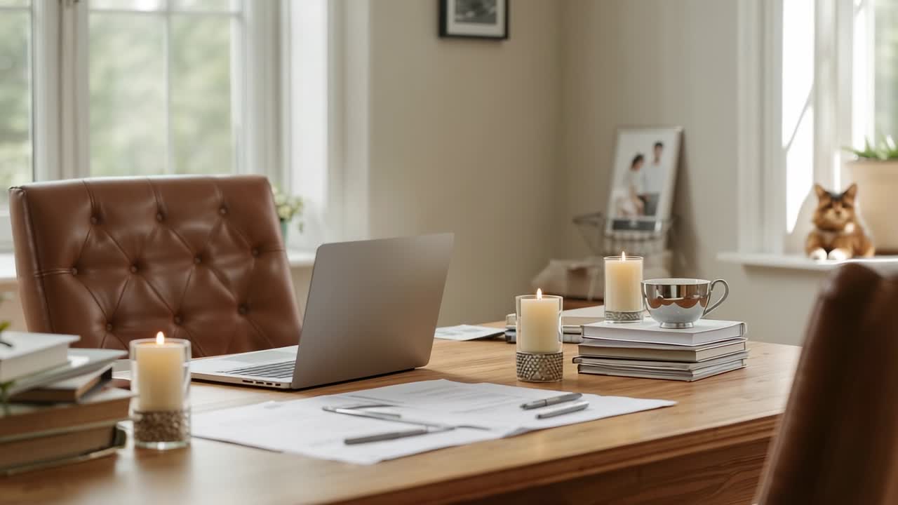 Camera recording in home office with silver laptop, blinking cat and flickering candle