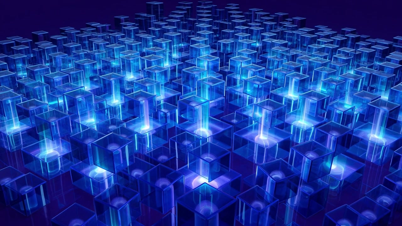 Abstract Grid of Glowing Blue Cubes with Pulsing Light