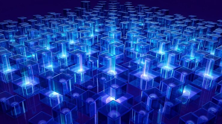 Abstract Grid of Glowing Blue Cubes with Pulsing Light