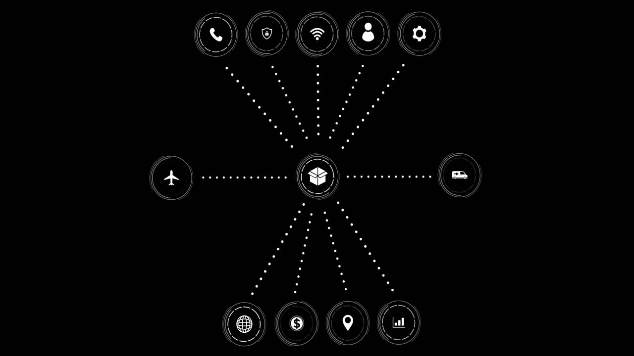 검은색 배경에 연결 네트워크와 함께 아이콘의 애니메이션
