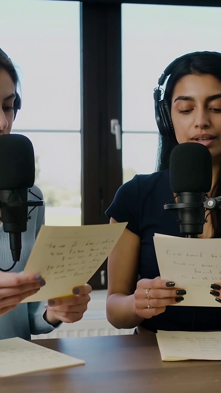 Vertical video: Reading cohosts in navy lightblue tops cuing scripts recording by window with mics
